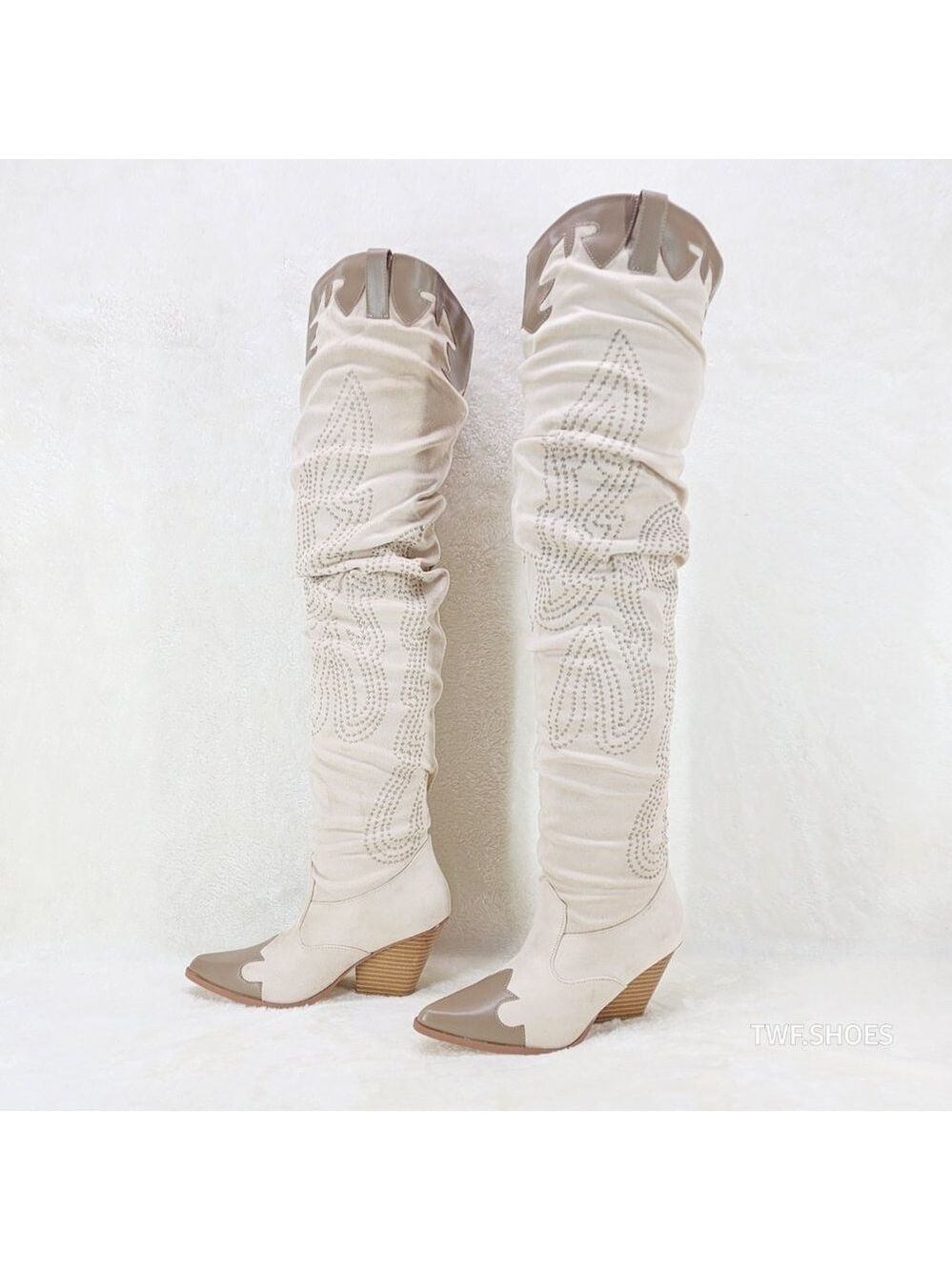 Iconic Western Thigh high Cowgirl Boots Cream - Picture 10 of 12